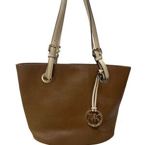 Michael Kors Brown Leather Tote Bag With Beige Handles & MK Charm